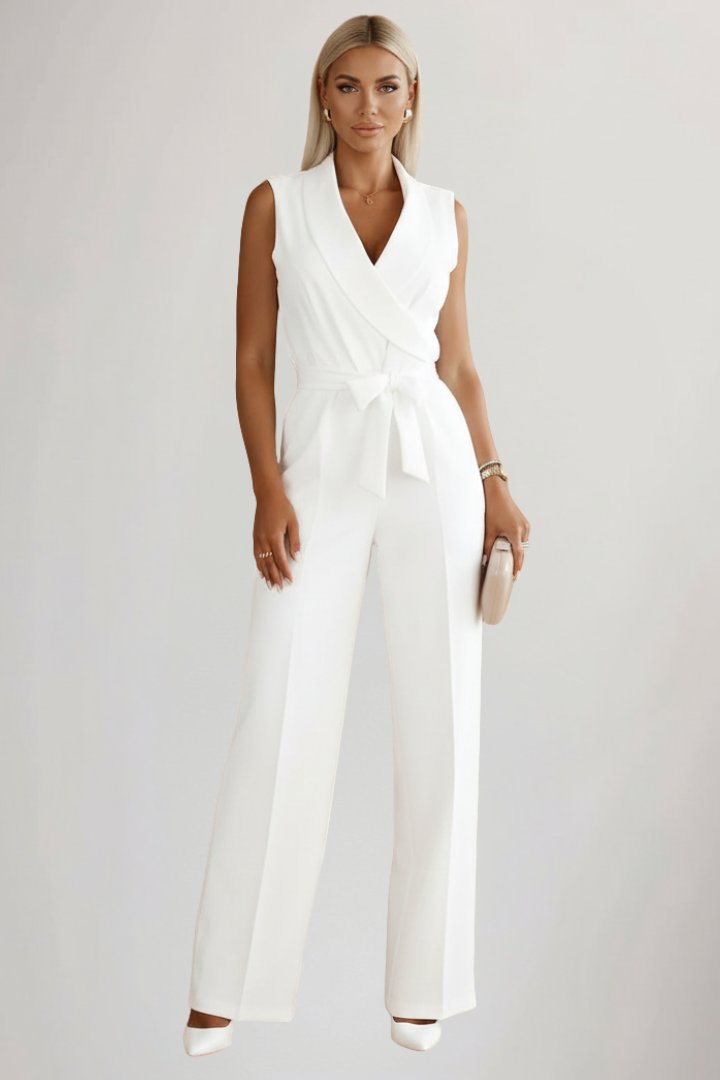 Dame Ærmeløs Blazer-Krave Bælte Jumpsuit med Brede Ben - White