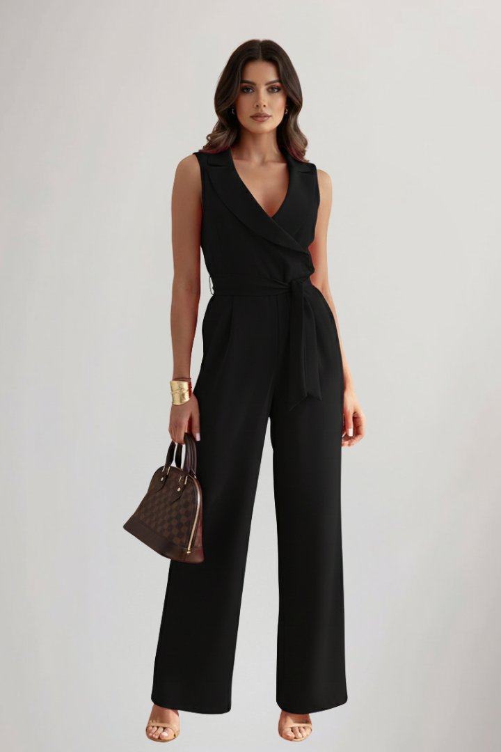 Dame Ærmeløs Blazer-Krave Bælte Jumpsuit med Brede Ben - Black