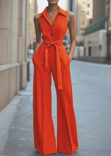 Dame Ærmeløs Wide-Leg Jumpsuit med Bælte - Orange