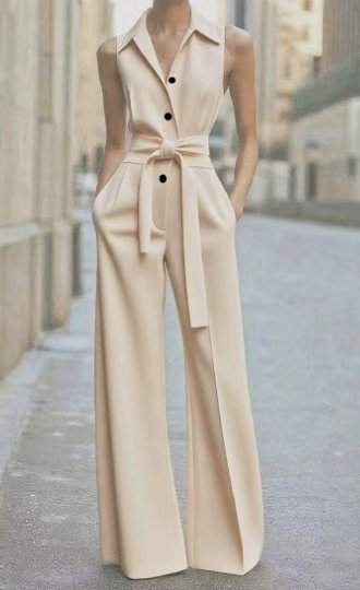 Dame Ærmeløs Wide-Leg Jumpsuit med Bælte - Beige