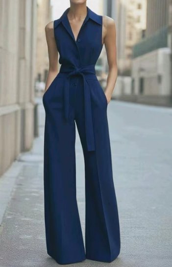 Dame Ærmeløs Wide-Leg Jumpsuit med Bælte - Navy Blue