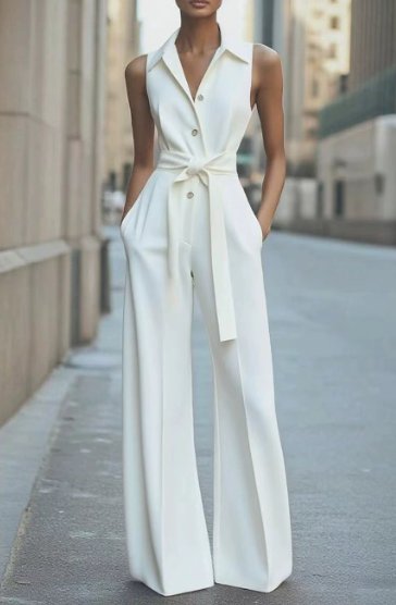 Dame Ærmeløs Wide-Leg Jumpsuit med Bælte - White