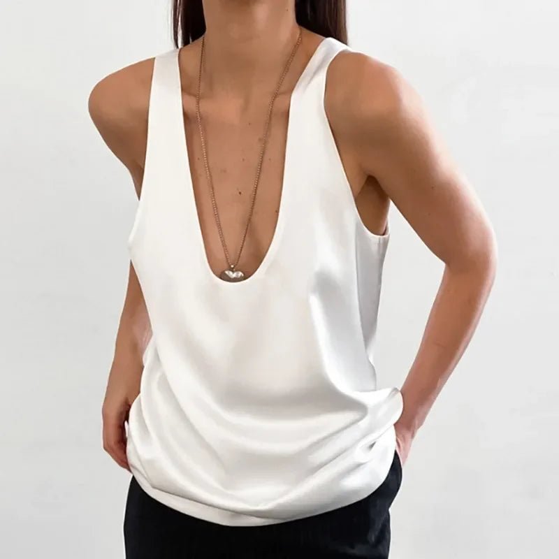 Dame Satin Tank Top Dyb U-Udskæring Afslappet Pasform