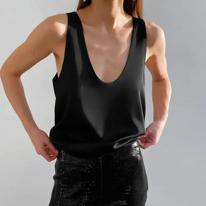 Dame Satin Tank Top Dyb U-Udskæring Afslappet Pasform