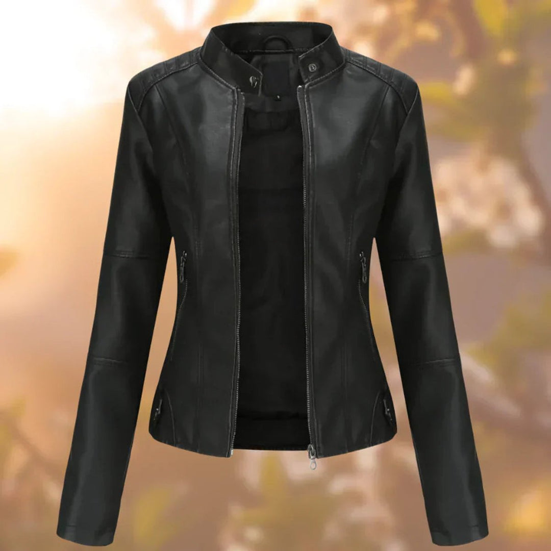 Dame Slim-Fit Lynlås Kunstlæder Leather Jacket Stående Krave - Sort