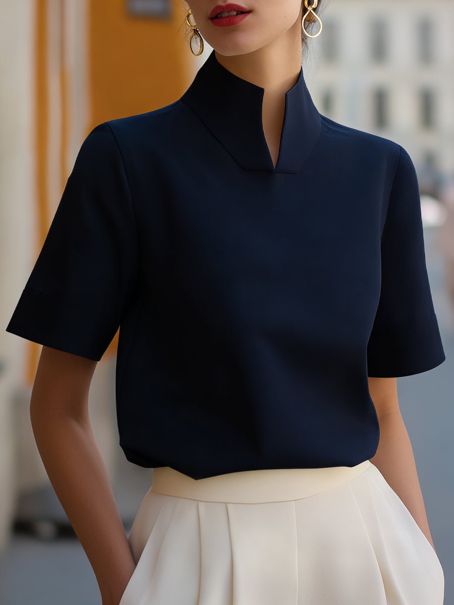 Dame Stand-up Krave Kortærmet Struktureret Bluse - Navy Blue