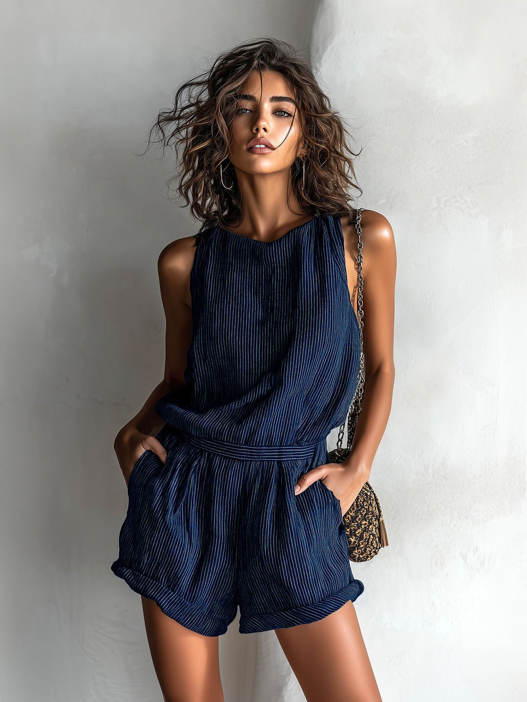 Dame Stribet Hør-Blend Ærmeløs Jumpsuit