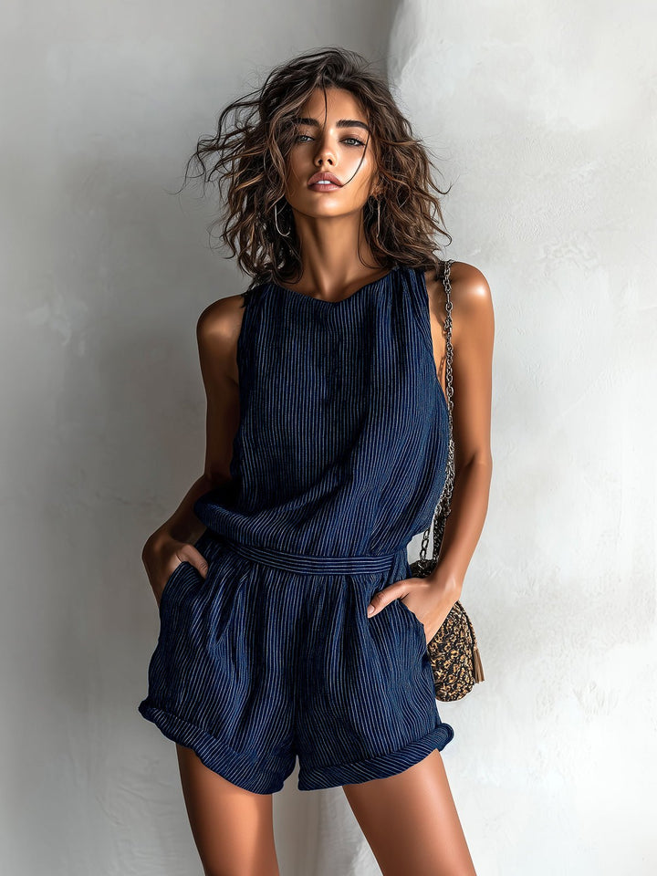 Dame Stribet Hør-Blend Ærmeløs Jumpsuit