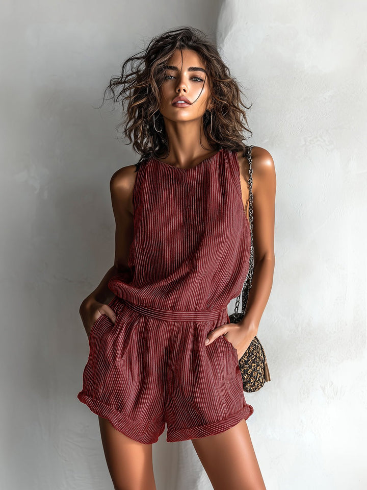 Dame Stribet Hør-Blend Ærmeløs Jumpsuit