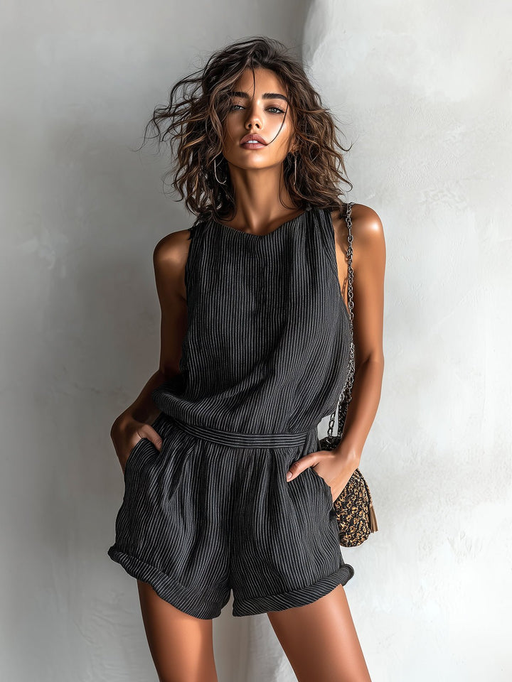 Dame Stribet Hør-Blend Ærmeløs Jumpsuit