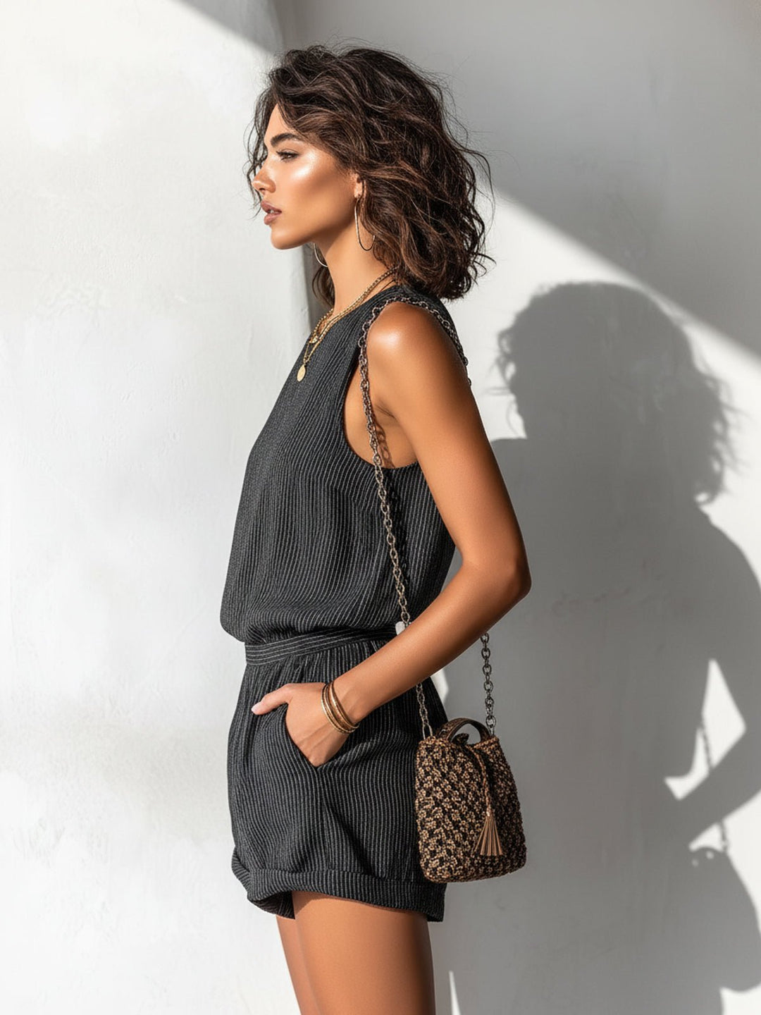 Dame Stribet Hør-Blend Ærmeløs Jumpsuit