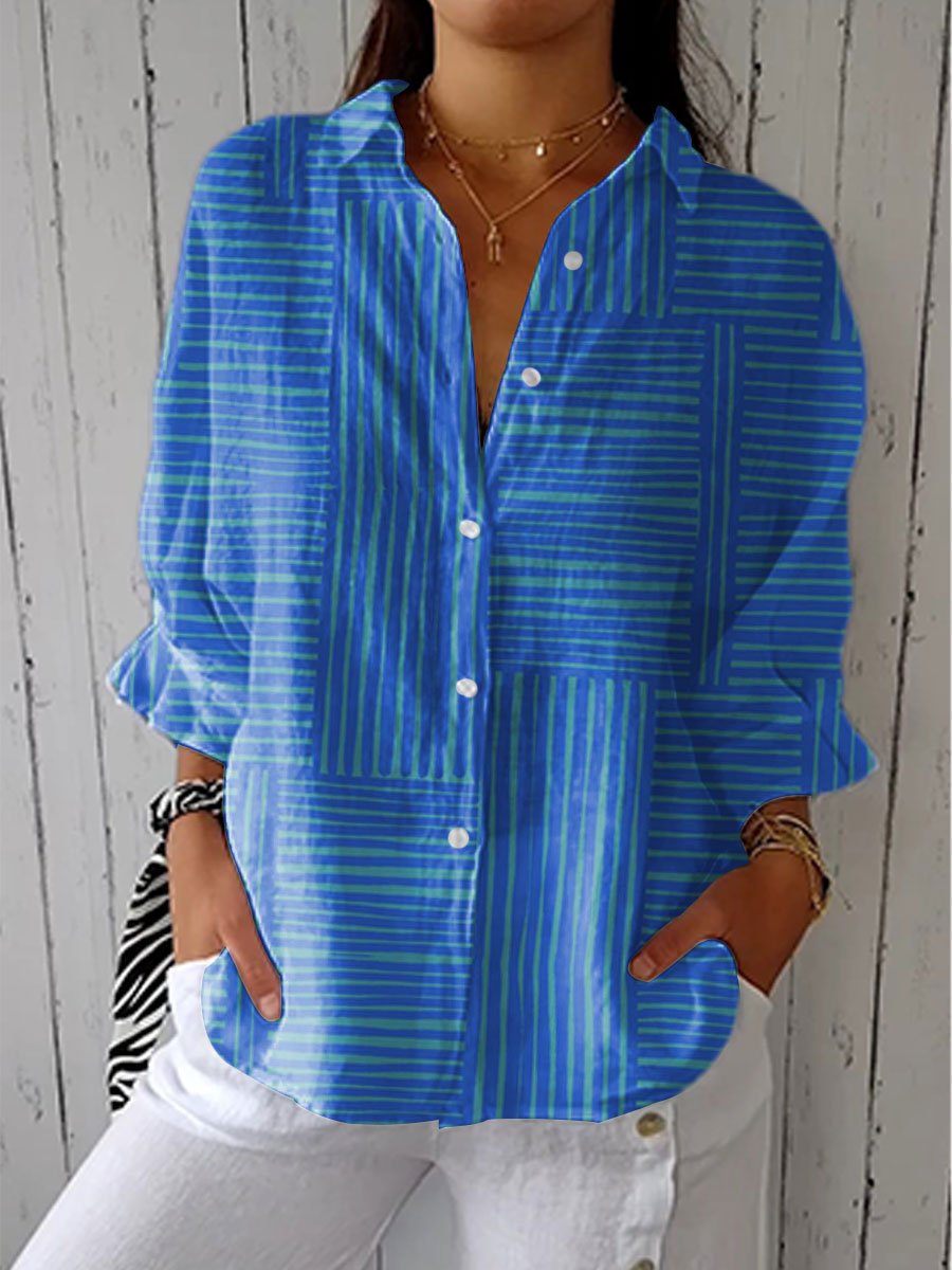 Dame Stribet Relaxed-Fit Button-Front Bluse - Blue