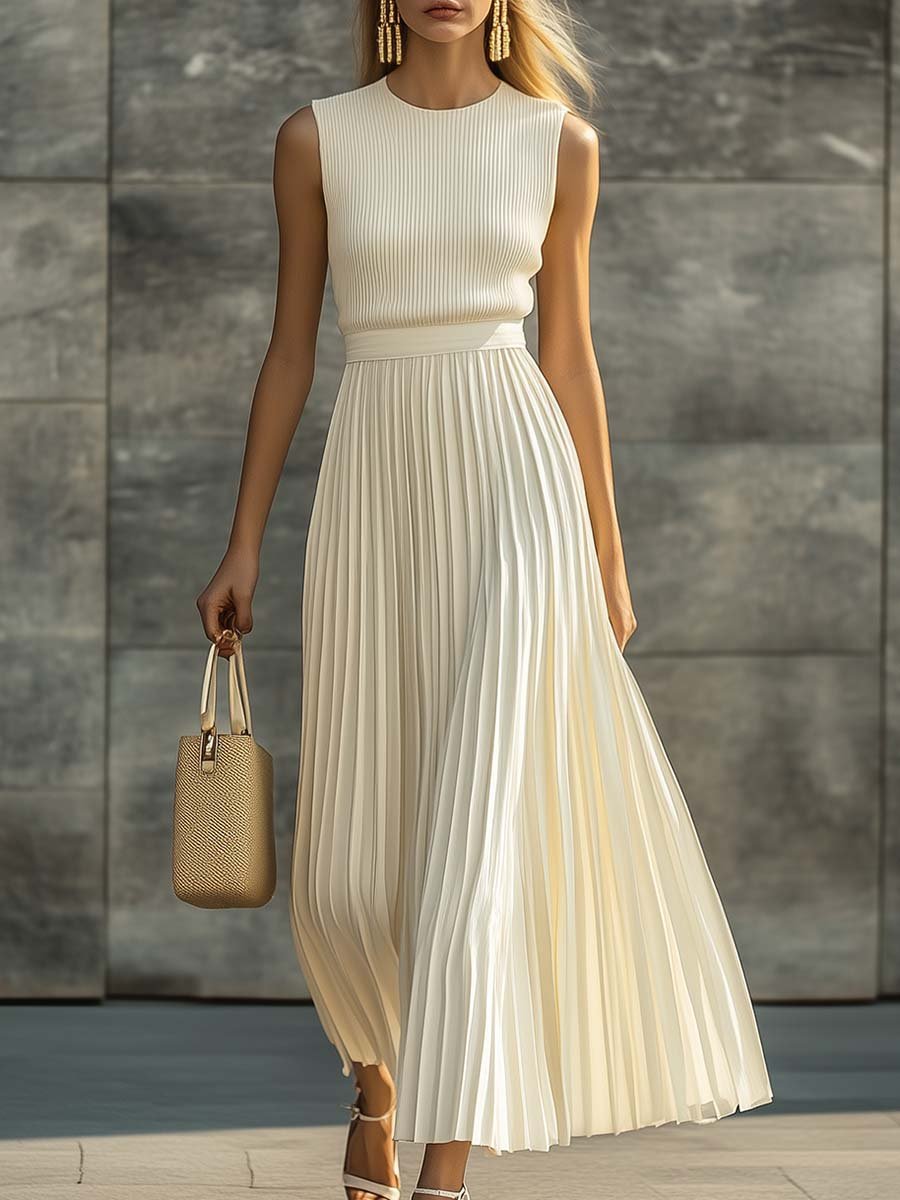 Dame Strikket Chiffon Maxi Kjole - Cream