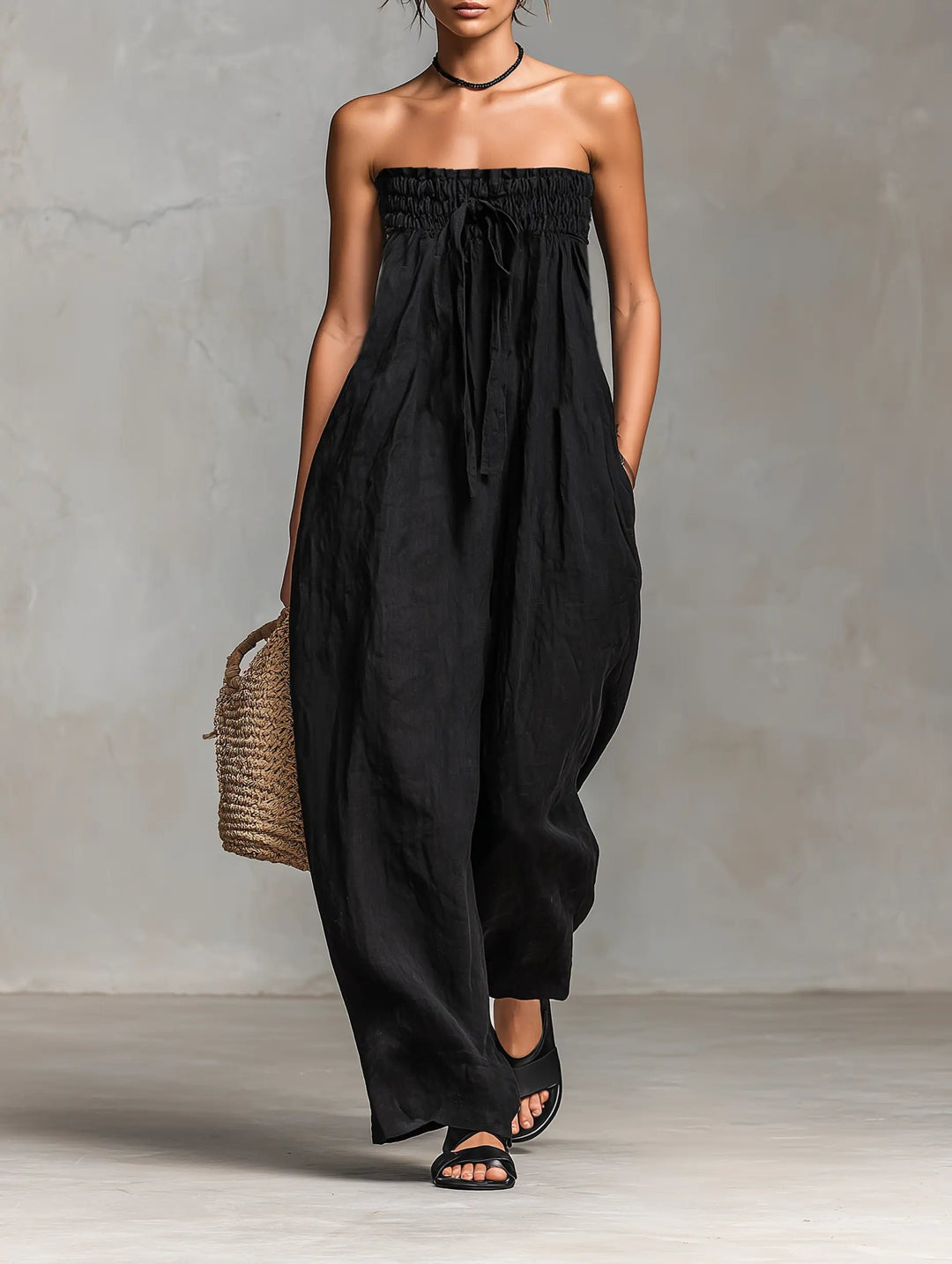 Dame Stropløs Linen Bred-Ben Jumpsuit - Black