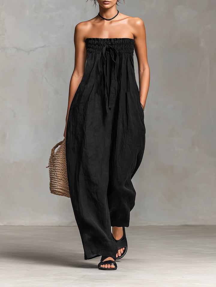 Dame Stropløs Linen Bred-Ben Jumpsuit - Black