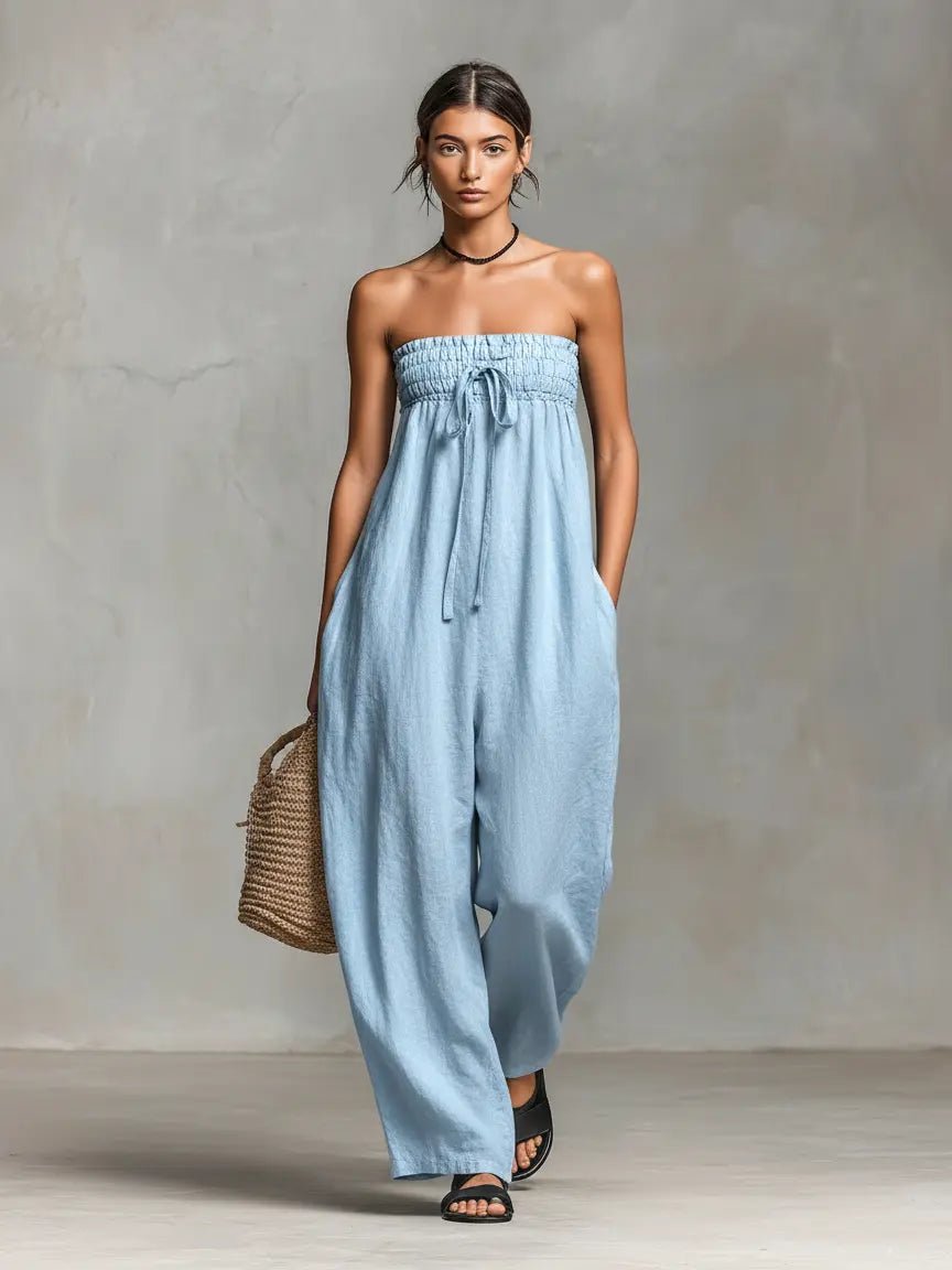 Dame Stropløs Linen Bred-Ben Jumpsuit - Light Blue