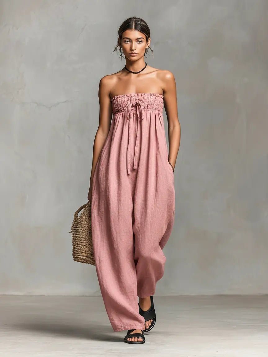 Dame Stropløs Linen Bred-Ben Jumpsuit - Light Pink