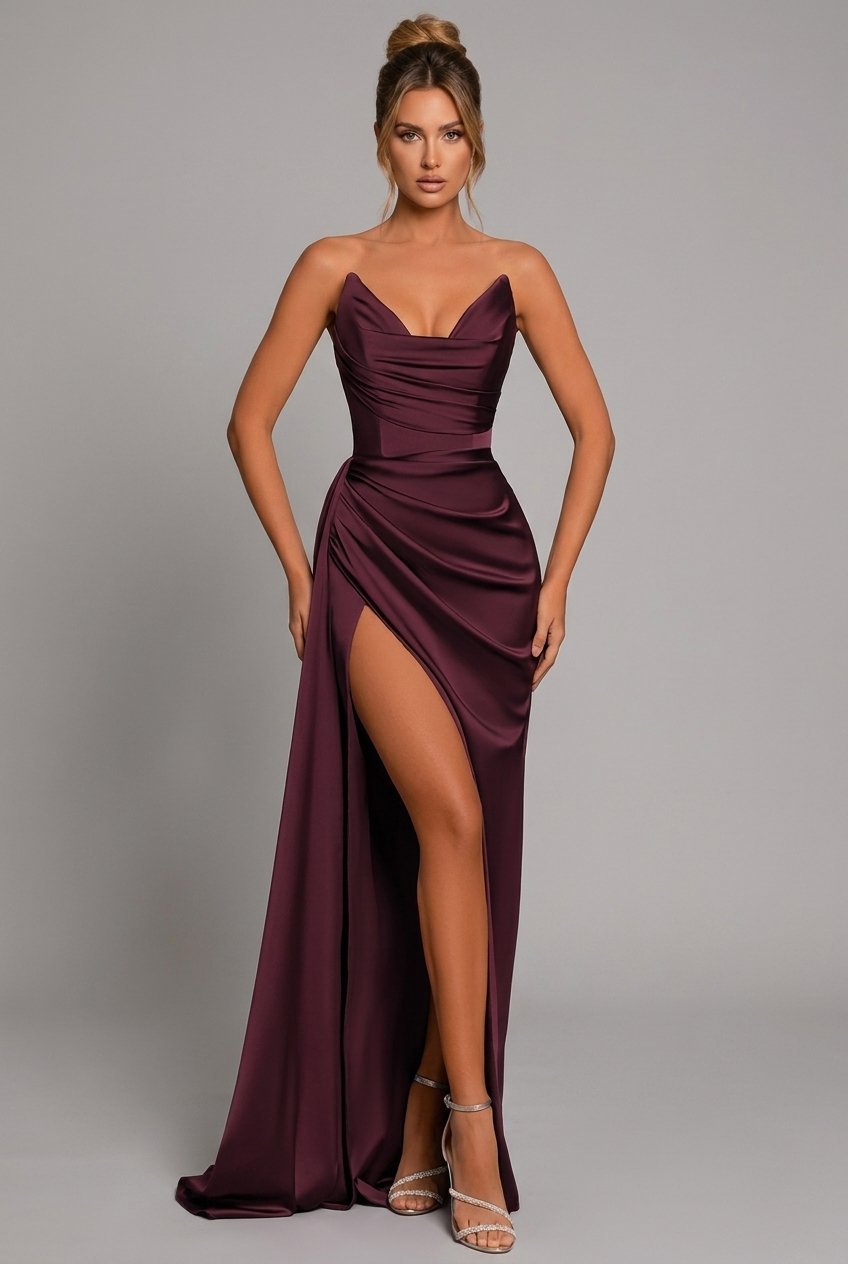 Dame Stropløs Satin Maxikjole med Ruched Detaljer - Crimson Red