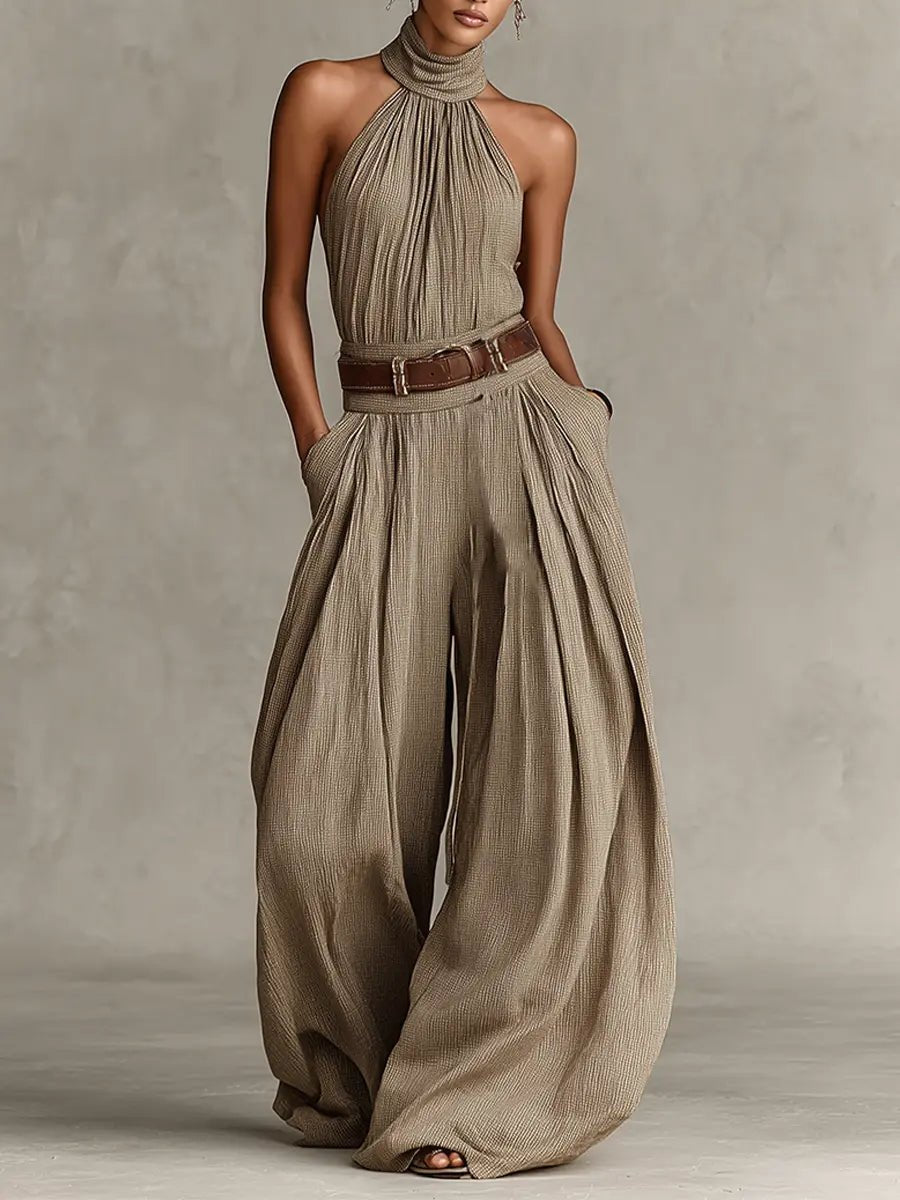 Dame Taupe Halterneck Wide-Leg Jumpsuit med Lommer - Taupe