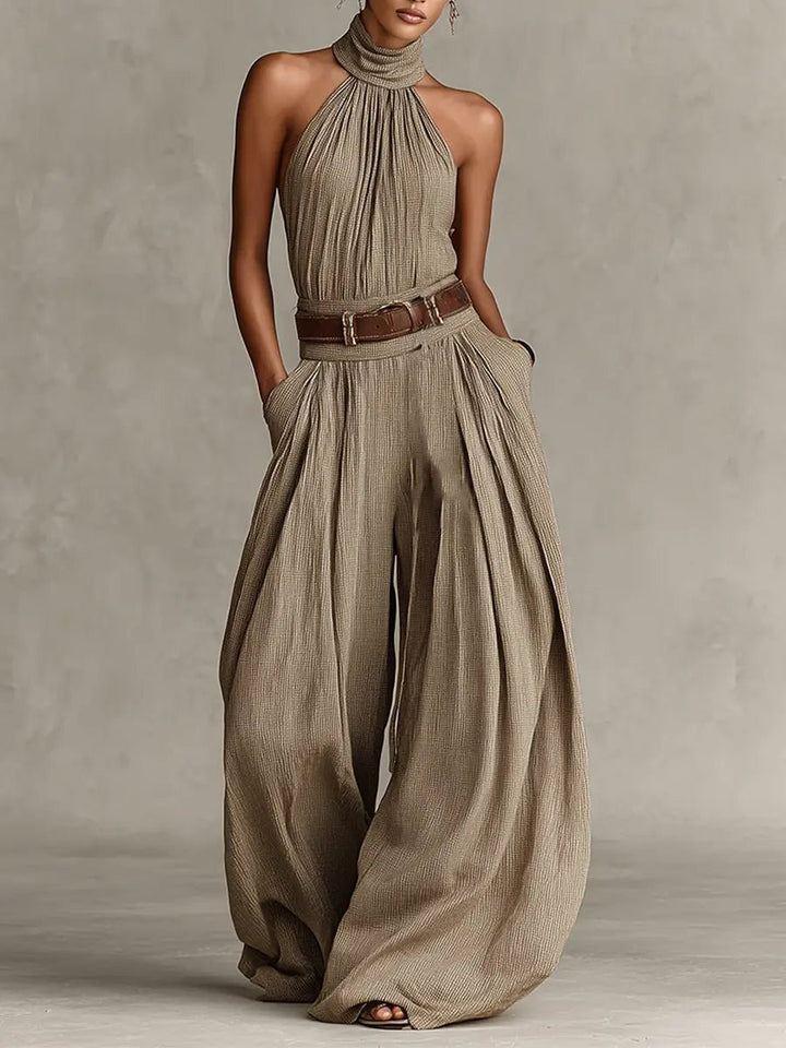 Dame Taupe Halterneck Wide-Leg Jumpsuit med Lommer - Taupe