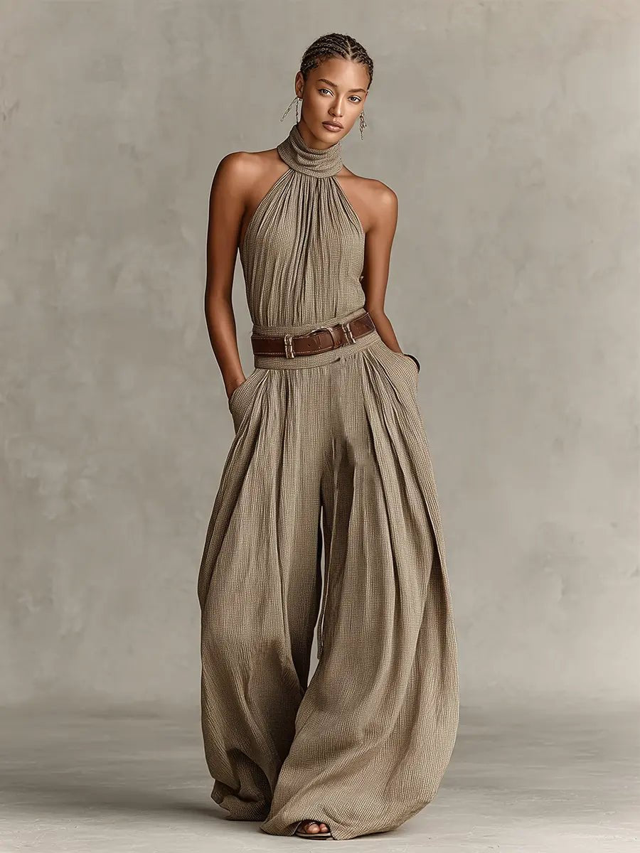 Dame Taupe Halterneck Wide-Leg Jumpsuit med Lommer
