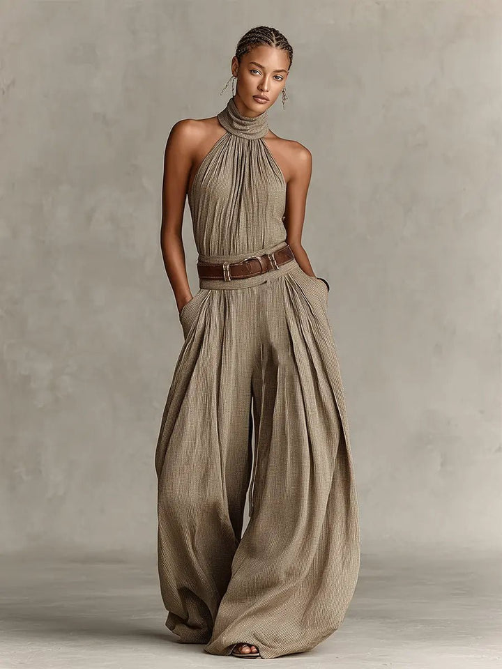 Dame Taupe Halterneck Wide-Leg Jumpsuit med Lommer