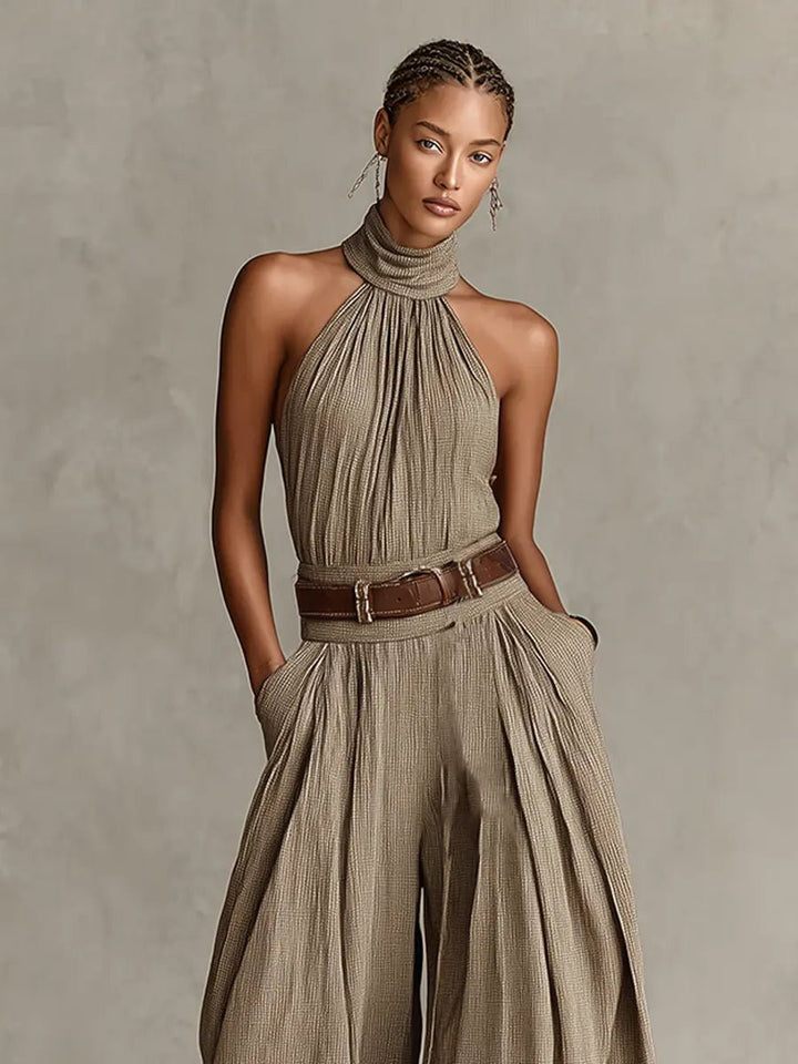 Dame Taupe Halterneck Wide-Leg Jumpsuit med Lommer