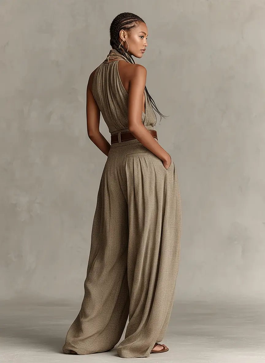 Dame Taupe Halterneck Wide-Leg Jumpsuit med Lommer