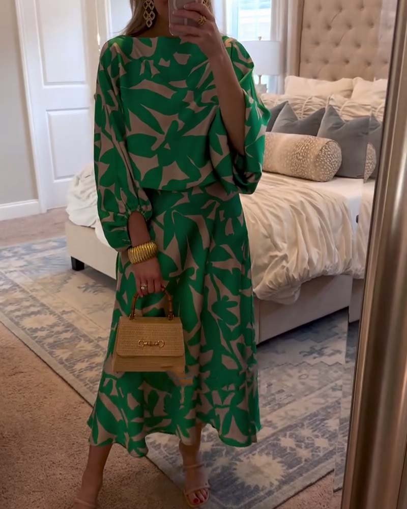 Dame Todelt Sæt med Ballonærmer og Botanisk Print - Green