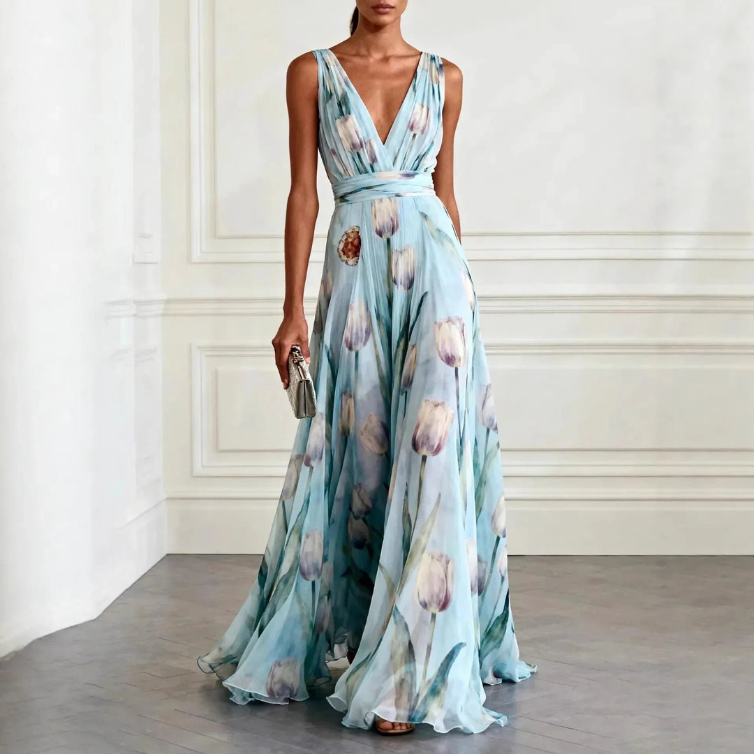 Dame Tulipan Print V-udskæring Chiffon Maxikjole - Sky Blue