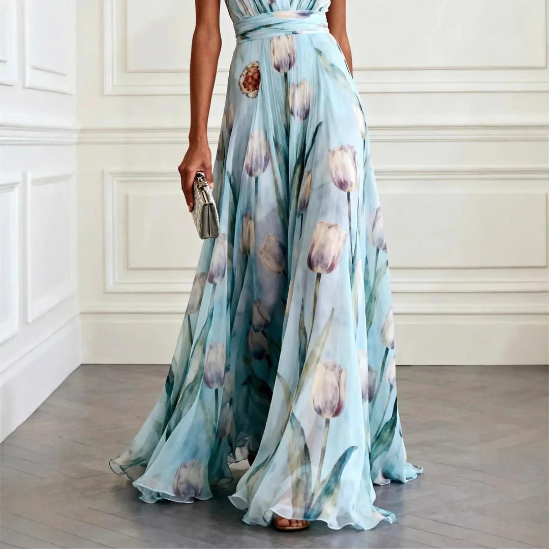 Dame Tulipan Print V-udskæring Chiffon Maxikjole