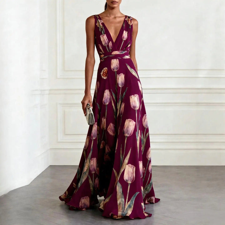 Dame Tulipan Print V-udskæring Chiffon Maxikjole - Burgundy