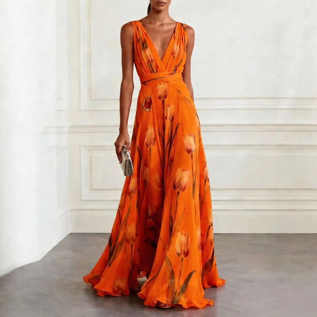 Dame Tulipan Print V-udskæring Chiffon Maxikjole - Orange