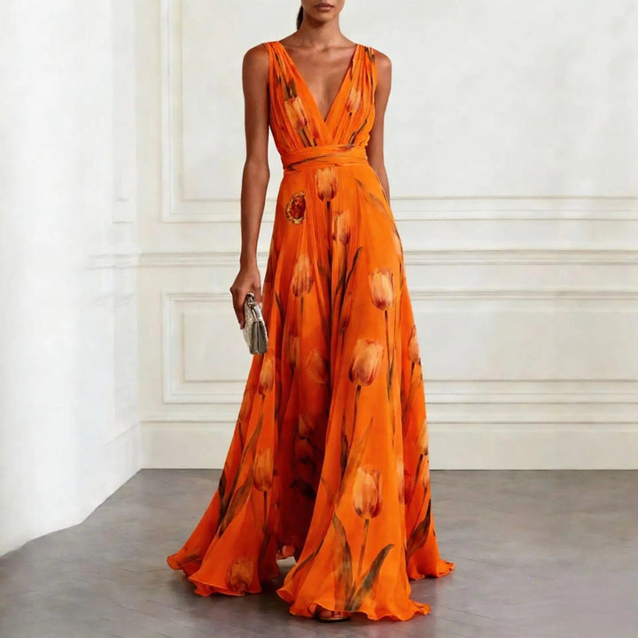 Dame Tulipan Print V-udskæring Chiffon Maxikjole - Orange