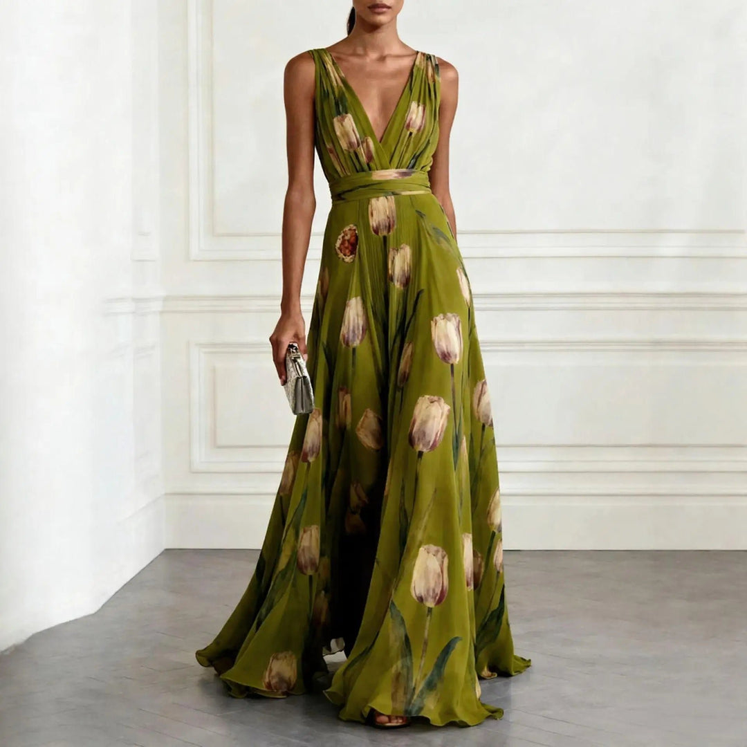 Dame Tulipan Print V-udskæring Chiffon Maxikjole - Green