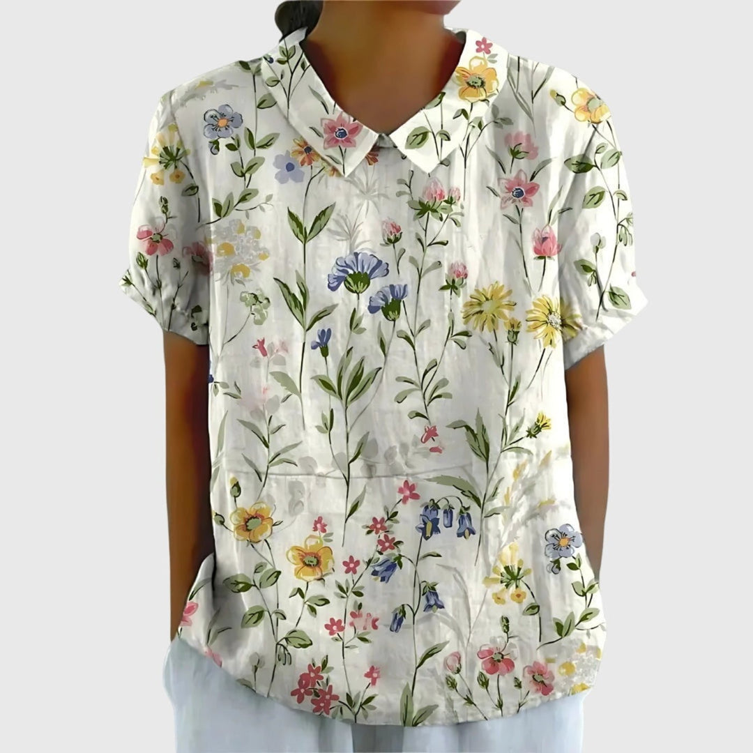 Damebluse Hør Blomsterprint Kort Ærme Kravetop - White