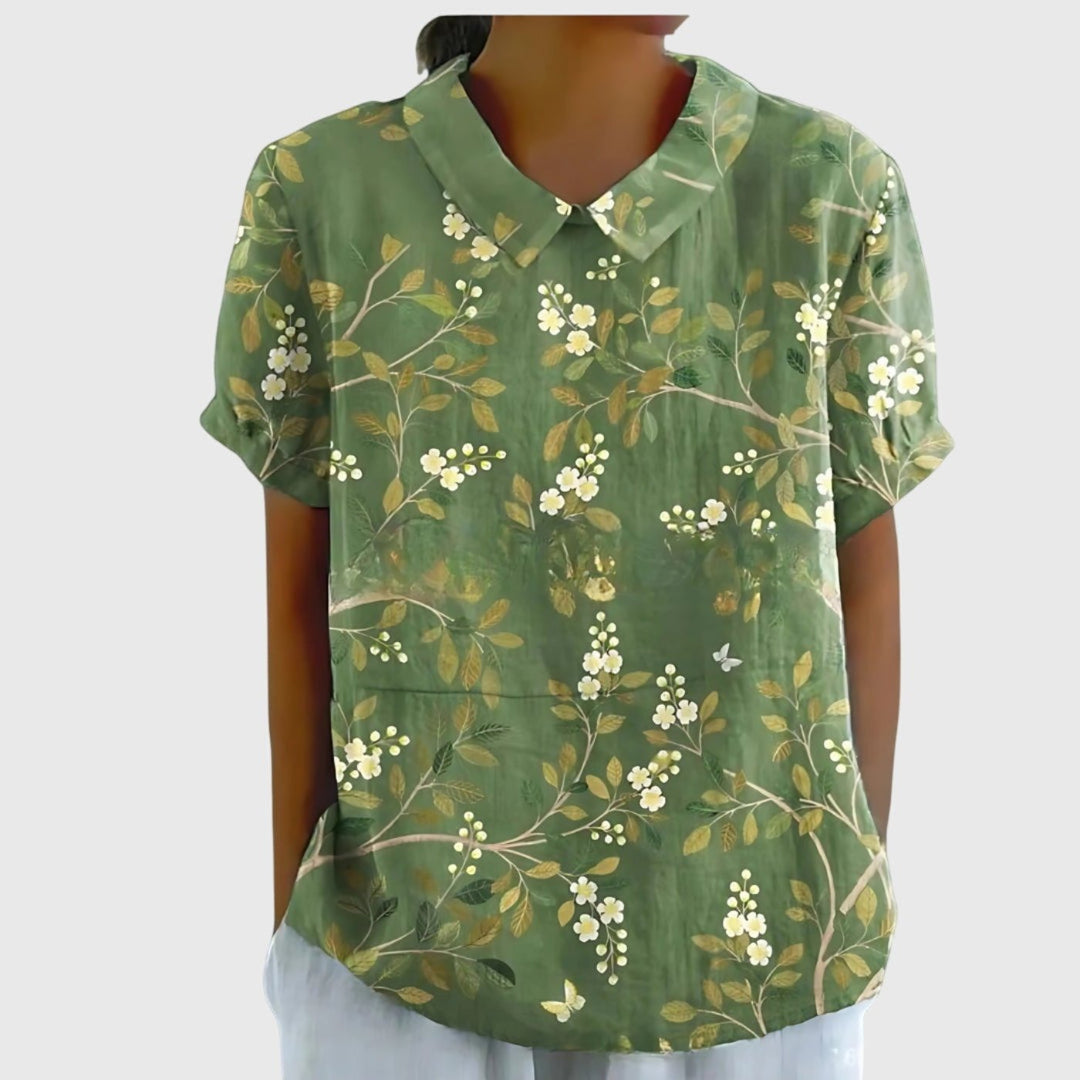 Damebluse Hør Blomsterprint Kort Ærme Kravetop - Green