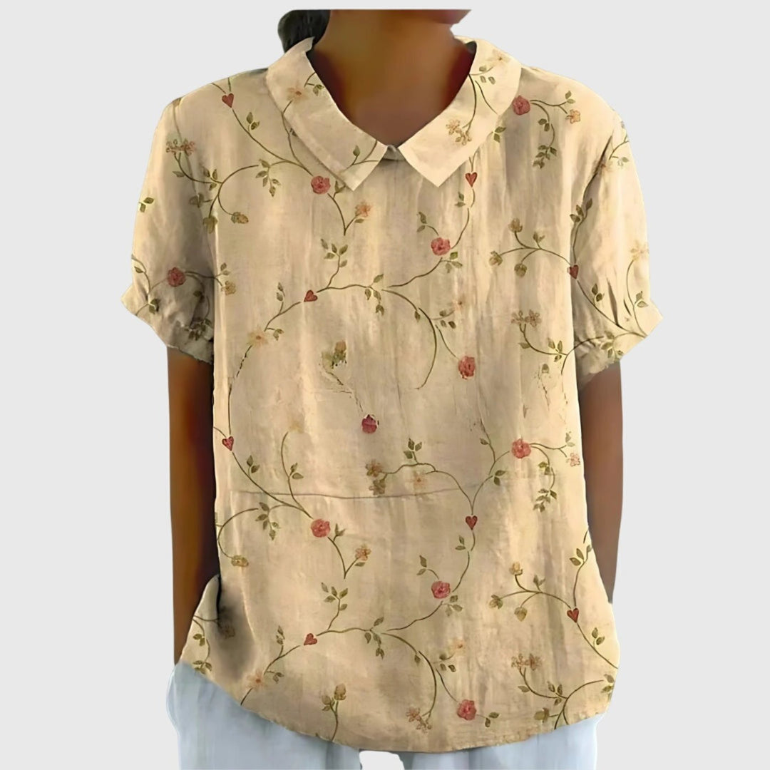 Damebluse Hør Blomsterprint Kort Ærme Kravetop - Light Yellow