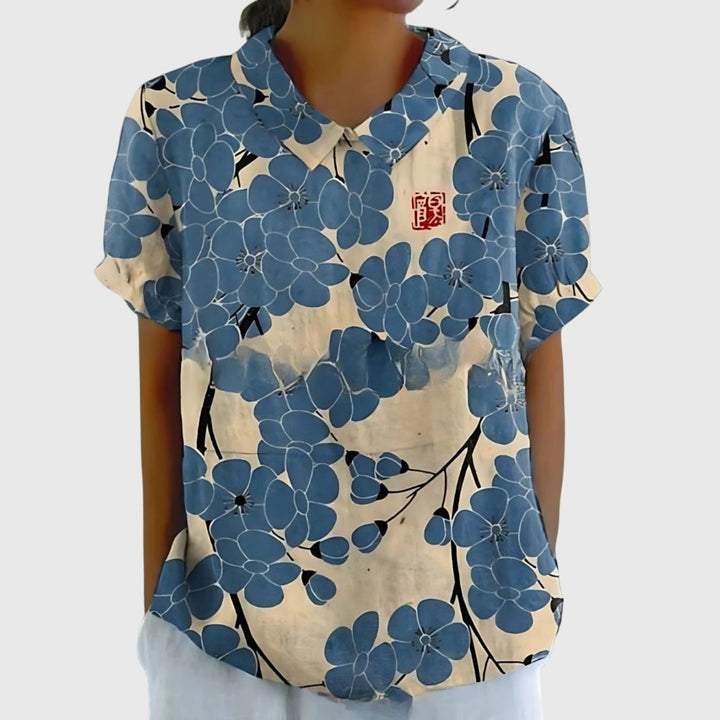 Damebluse Hør Blomsterprint Kort Ærme Kravetop - Dusty Blue