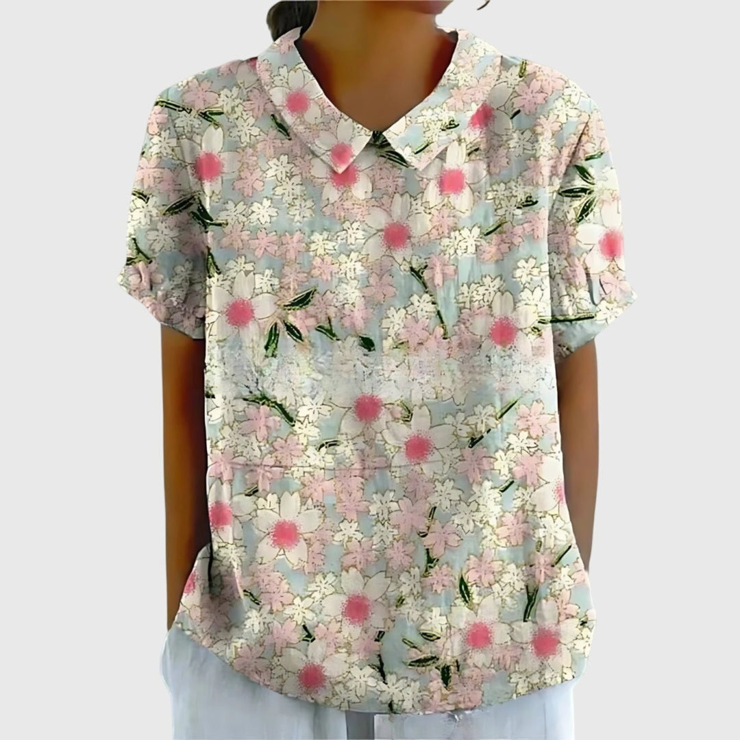 Damebluse Hør Blomsterprint Kort Ærme Kravetop - White 2