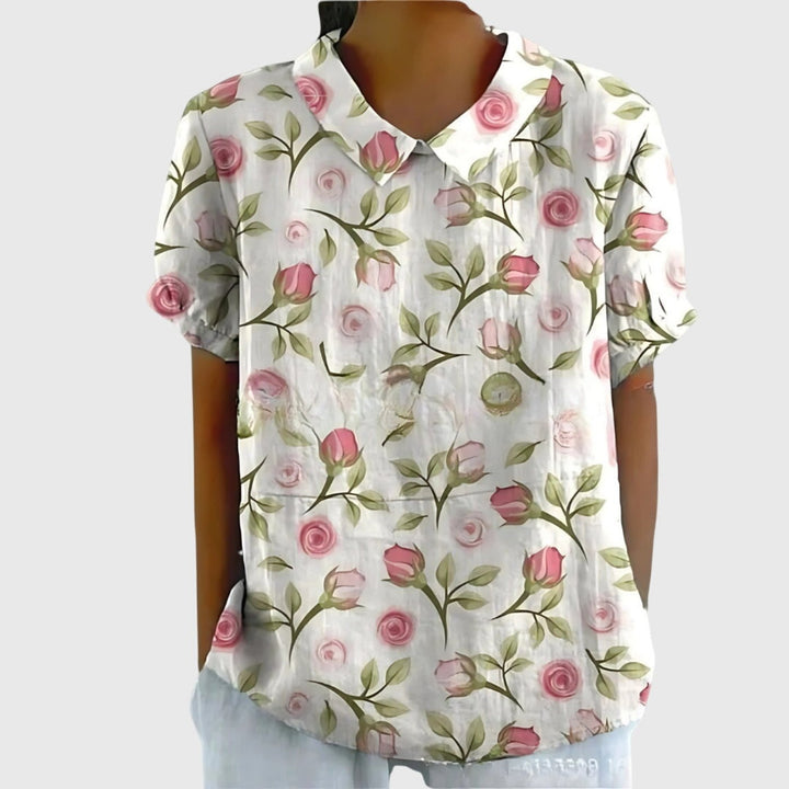 Damebluse Hør Blomsterprint Kort Ærme Kravetop - White 3