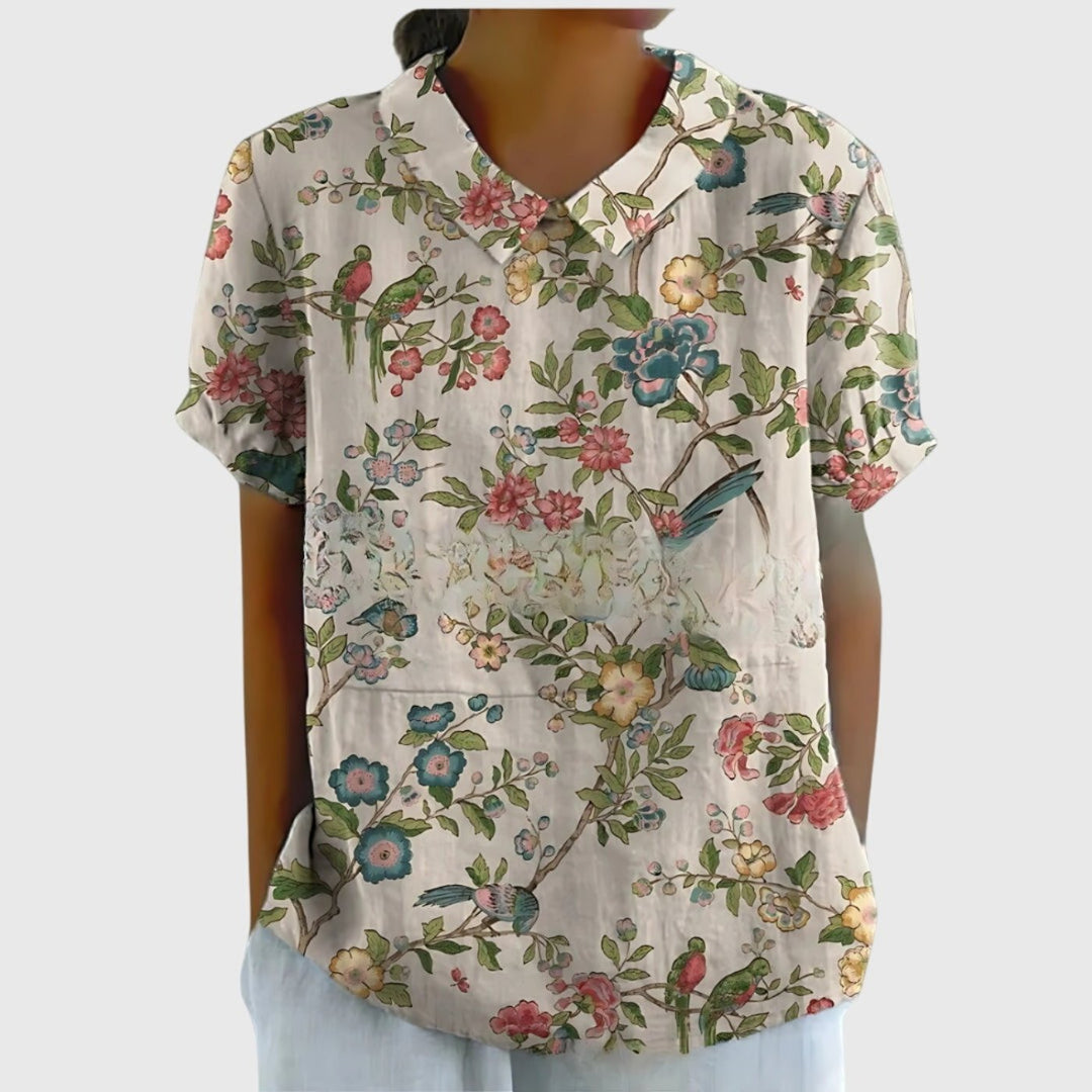 Damebluse Hør Blomsterprint Kort Ærme Kravetop - White 5