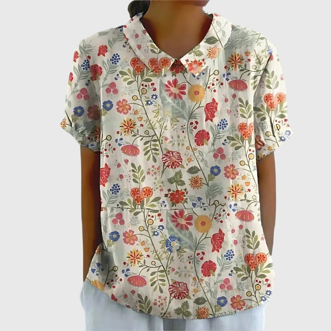 Damebluse Hør Blomsterprint Kort Ærme Kravetop - White 6