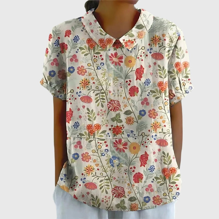 Damebluse Hør Blomsterprint Kort Ærme Kravetop - White 6
