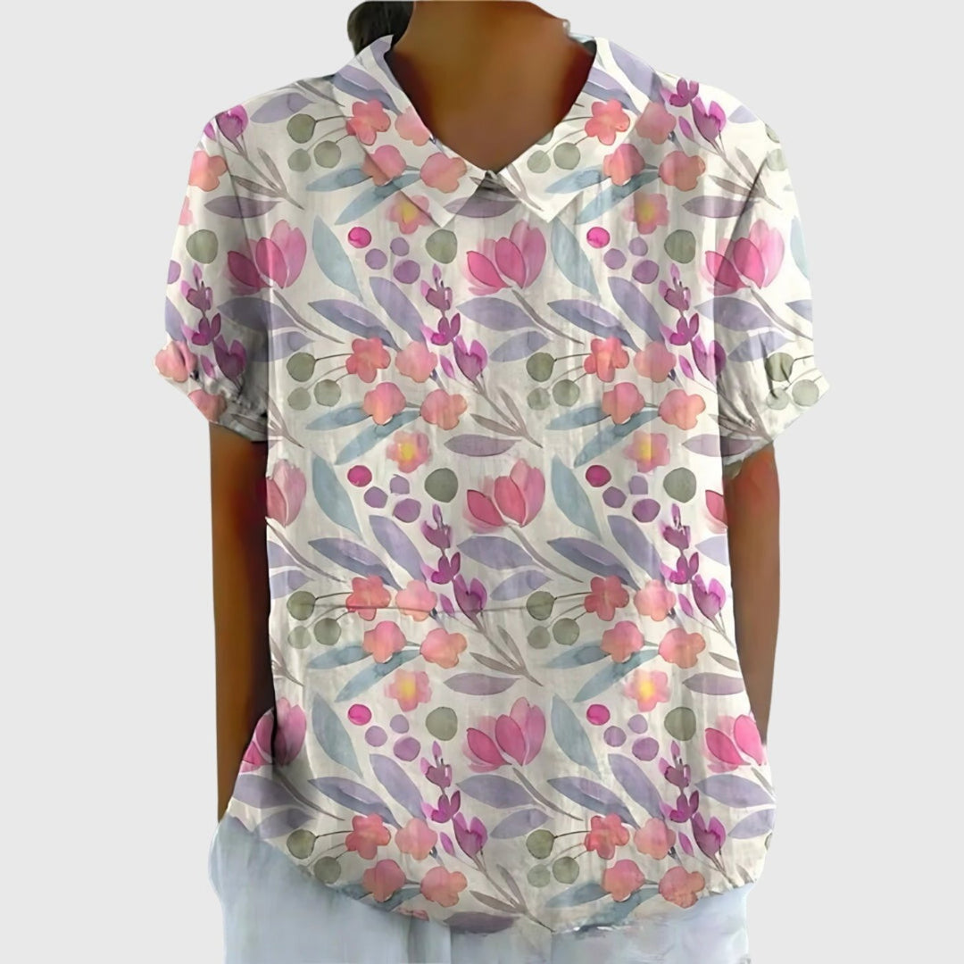 Damebluse Hør Blomsterprint Kort Ærme Kravetop - White 7