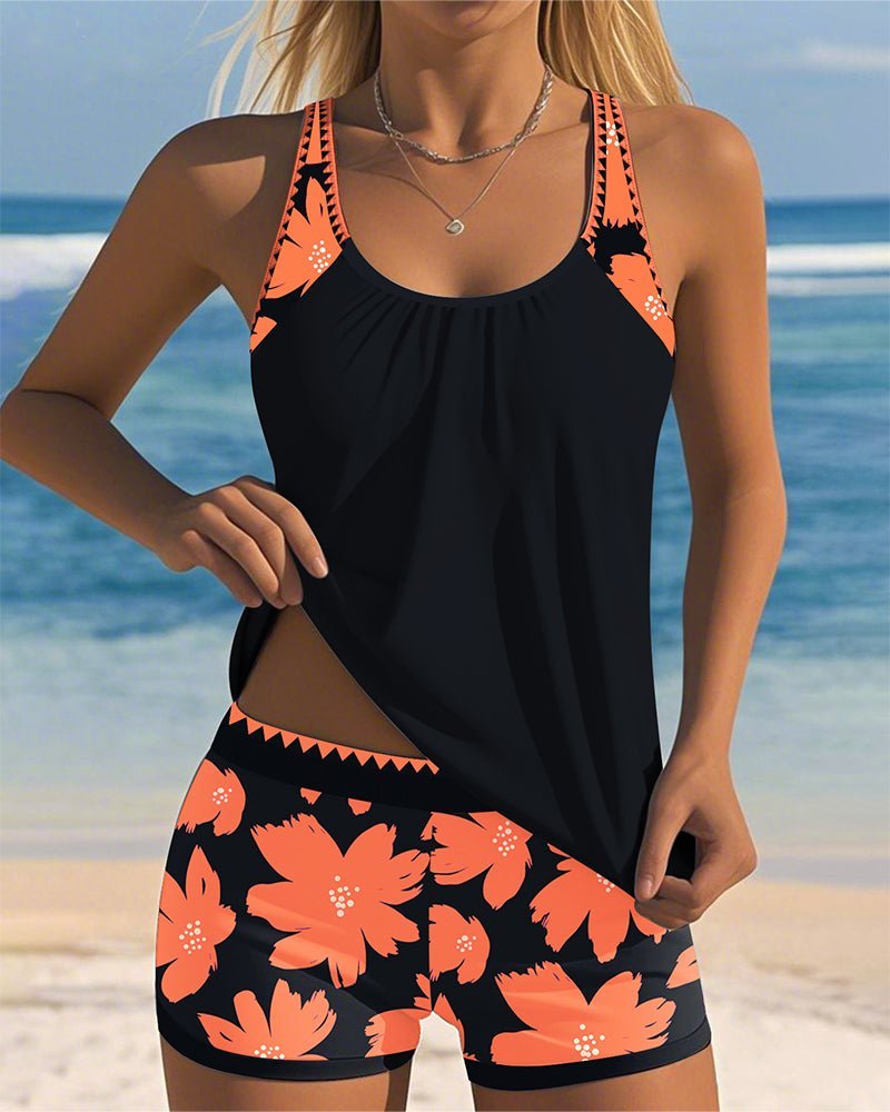 Damer Blomstret Racerback Mavekontrol Tankini Badedragt Sæt - Orange