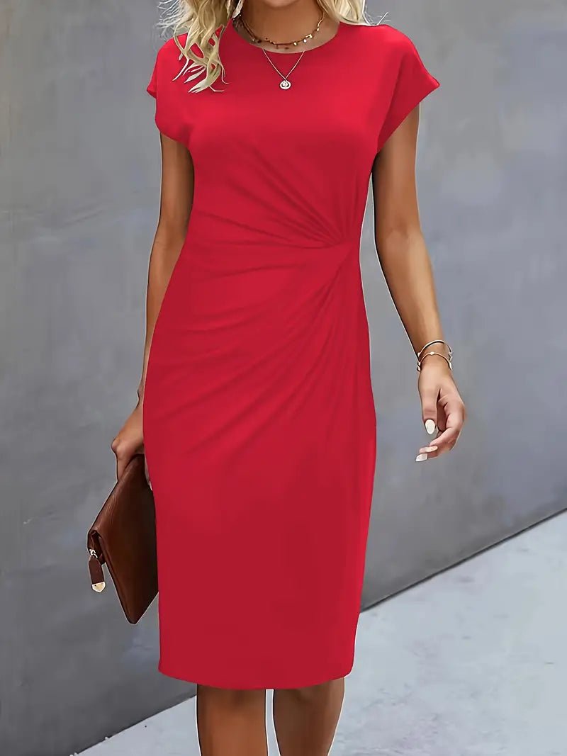 Damer Kortærmet Ruched Midi Bodycon Kjole - Red