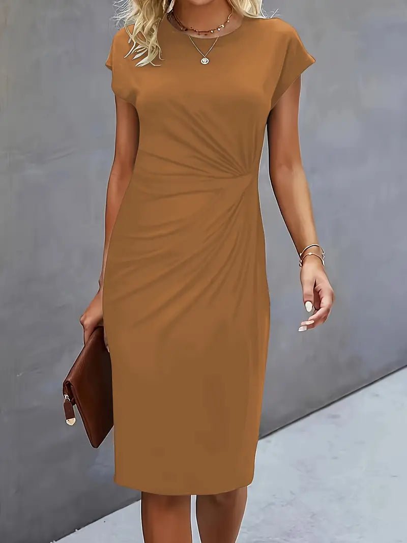 Damer Kortærmet Ruched Midi Bodycon Kjole - Khaki