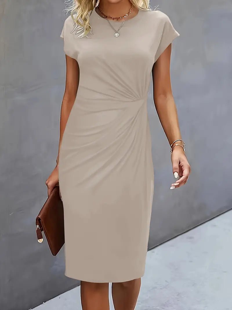 Damer Kortærmet Ruched Midi Bodycon Kjole - Beige