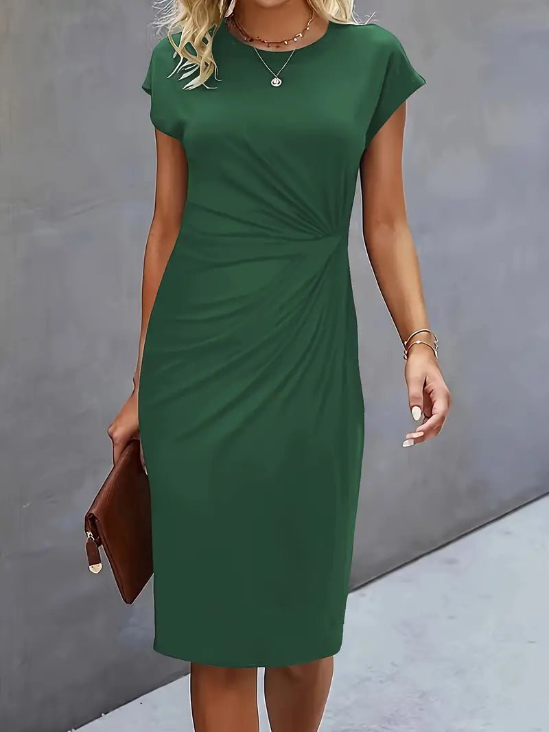 Damer Kortærmet Ruched Midi Bodycon Kjole - Dark Green